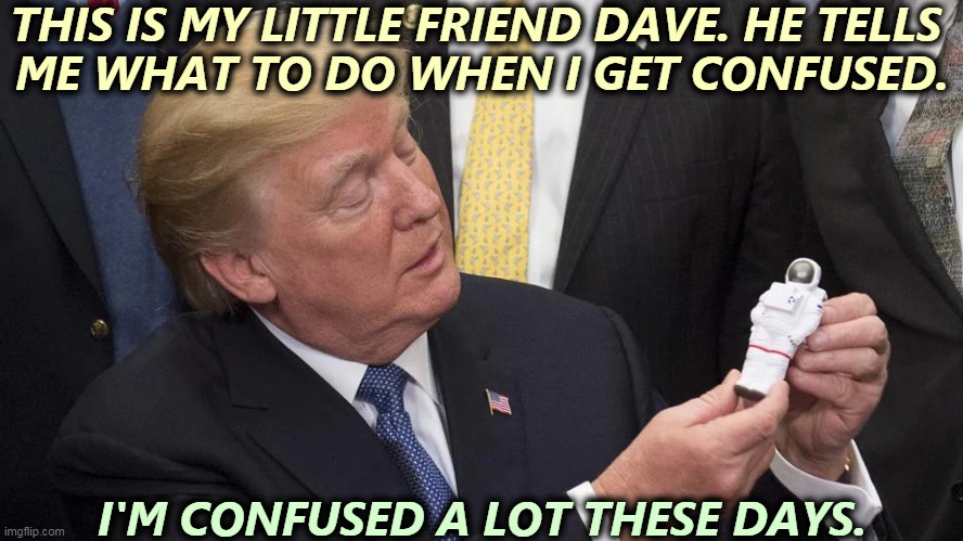Ohhhhh, brother! | THIS IS MY LITTLE FRIEND DAVE. HE TELLS 
ME WHAT TO DO WHEN I GET CONFUSED. I'M CONFUSED A LOT THESE DAYS. | image tagged in trump,crazy,space | made w/ Imgflip meme maker