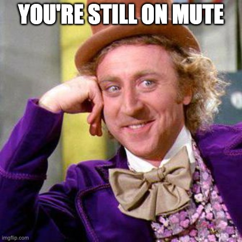 Willy Wonka Blank | YOU'RE STILL ON MUTE | image tagged in willy wonka blank | made w/ Imgflip meme maker