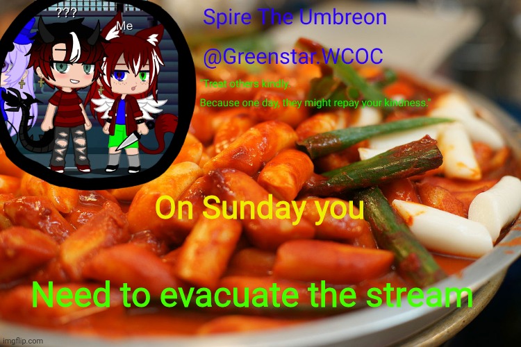 Spire's tteokbokki announcment temp | On Sunday you; Need to evacuate the stream | image tagged in spire's tteokbokki announcment temp | made w/ Imgflip meme maker