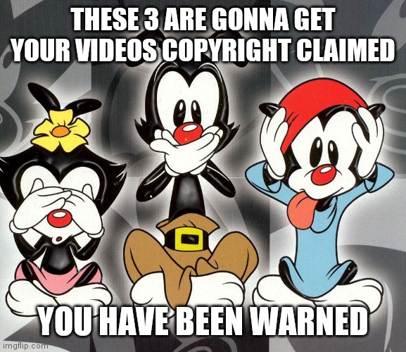 This was, like, HALF my content! | THESE 3 ARE GONNA GET YOUR VIDEOS COPYRIGHT CLAIMED; YOU HAVE BEEN WARNED | image tagged in animaniacs | made w/ Imgflip meme maker