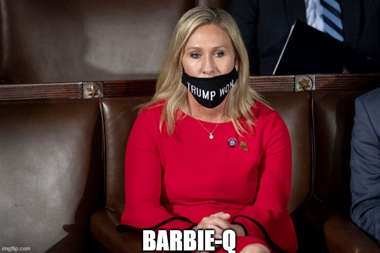 Not sure if Barbecue or Barbie-Q | BARBIE-Q | image tagged in barbecue,barbie,qanon,tailor greene | made w/ Imgflip meme maker