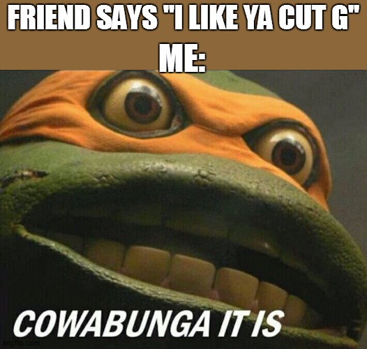 They asked for it | FRIEND SAYS "I LIKE YA CUT G"; ME: | image tagged in cowabunga it is,i like ya cut g,teenage mutant ninja turtles,dank,funny,relateable | made w/ Imgflip meme maker