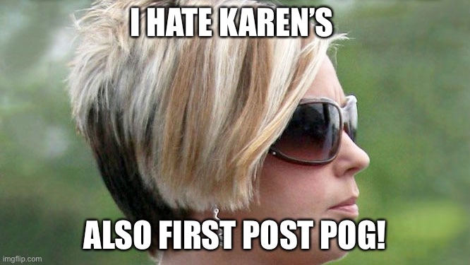 Karen |  I HATE KAREN’S; ALSO FIRST POST POG! | image tagged in karen | made w/ Imgflip meme maker
