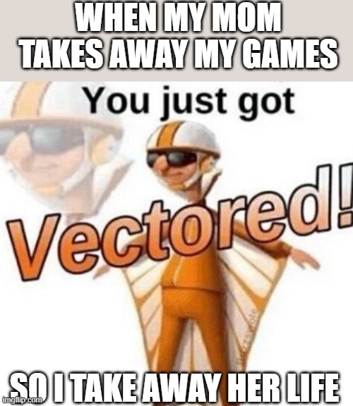 Get vectored Mum | WHEN MY MOM TAKES AWAY MY GAMES; SO I TAKE AWAY HER LIFE | image tagged in you just got vectored | made w/ Imgflip meme maker