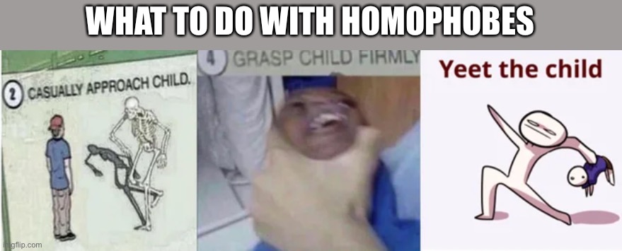 Casually Approach Child, Grasp Child Firmly, Yeet the Child | WHAT TO DO WITH HOMOPHOBES | image tagged in casually approach child grasp child firmly yeet the child,yeet the child | made w/ Imgflip meme maker