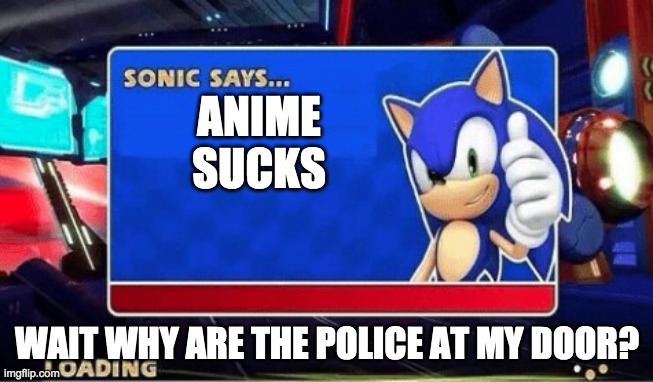 help me the police is after me | ANIME SUCKS; WAIT WHY ARE THE POLICE AT MY DOOR? | image tagged in sonic says | made w/ Imgflip meme maker