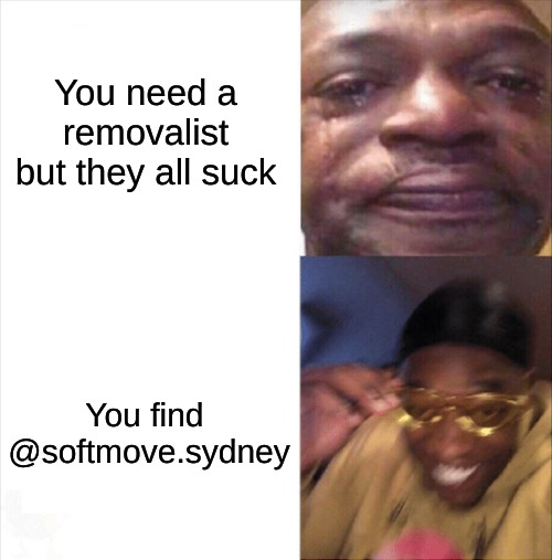 Gorilla marketing | You need a removalist but they all suck; You find 
@softmove.sydney | image tagged in sad happy | made w/ Imgflip meme maker