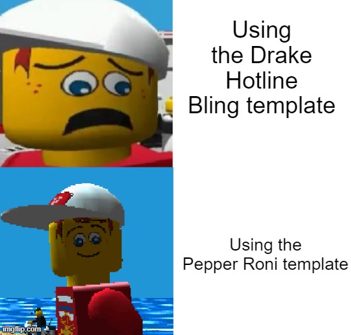 I made a Pepper Roni Hotline Bling template, you guys should use it for your memes because why not | Using the Drake Hotline Bling template; Using the Pepper Roni template | image tagged in pepper roni - hotline bling,shameless promotion | made w/ Imgflip meme maker