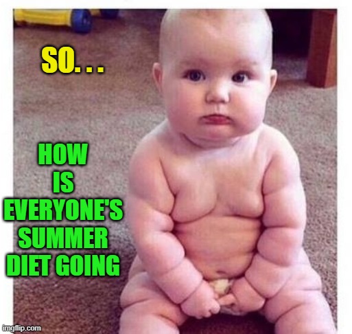 SO. . . HOW IS EVERYONE'S SUMMER DIET GOING | image tagged in summer,dieting,cute baby,fat,beach,work out | made w/ Imgflip meme maker