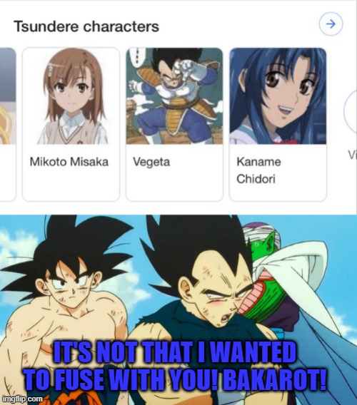 Vegeta as a Tsundere | IT'S NOT THAT I WANTED TO FUSE WITH YOU! BAKAROT! | image tagged in dragon ball z | made w/ Imgflip meme maker