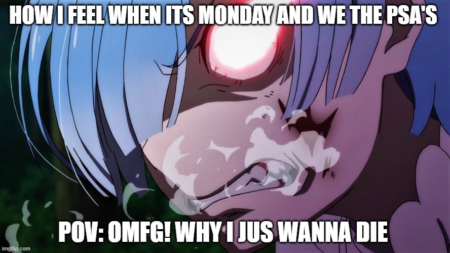 HOW I FEEL WHEN ITS MONDAY AND WE THE PSA'S; POV: OMFG! WHY I JUS WANNA DIE | made w/ Imgflip meme maker
