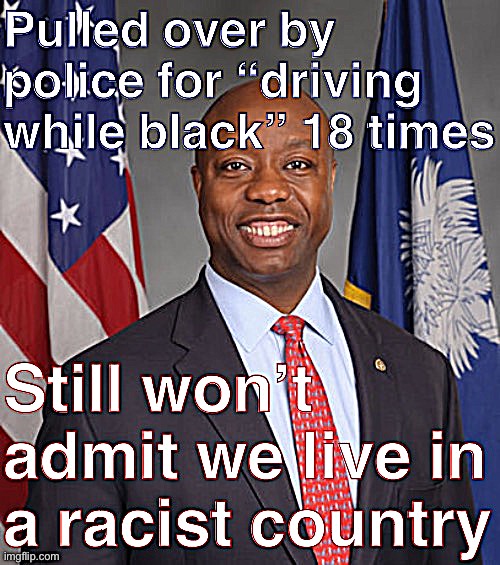 Meet Sen. Tim Scott (R-SC), who is an “American Hero,” according to whomever saved this image to Imgflip as a template. | image tagged in racism,republicans,conservative logic,police brutality,police,gop | made w/ Imgflip meme maker