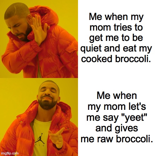 Me when my mom tries to get me to be quiet and eat my cooked broccoli. Me when my mom let's me say "yeet" and gives me raw broccoli. | image tagged in memes,drake hotline bling | made w/ Imgflip meme maker