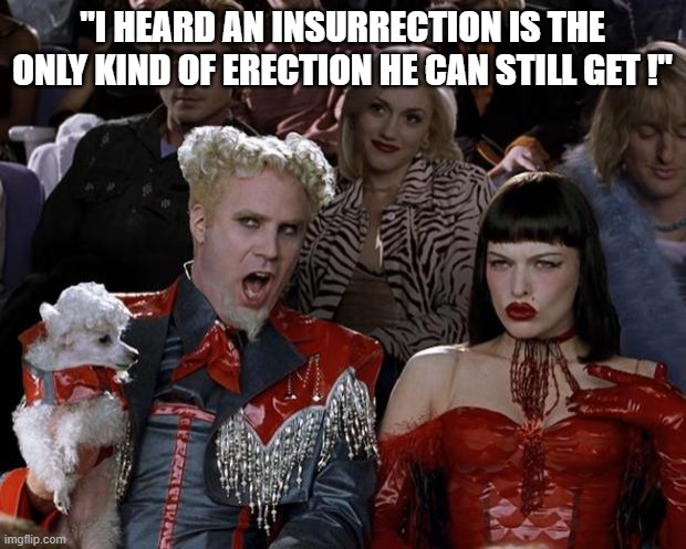 Mugatu So Hot Right Now Meme | "I HEARD AN INSURRECTION IS THE ONLY KIND OF ERECTION HE CAN STILL GET !" | image tagged in memes,mugatu so hot right now | made w/ Imgflip meme maker