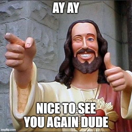 When I see you again | AY AY; NICE TO SEE YOU AGAIN DUDE | image tagged in memes,buddy christ | made w/ Imgflip meme maker