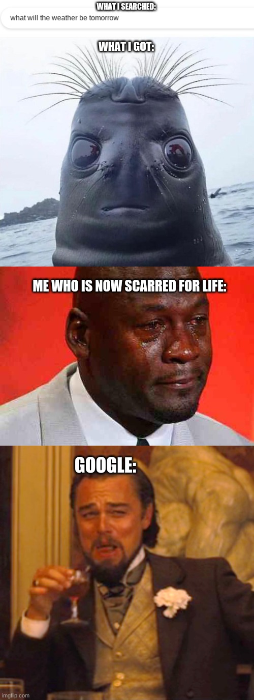 WHAT I SEARCHED:; WHAT I GOT:; ME WHO IS NOW SCARRED FOR LIFE:; GOOGLE: | image tagged in crying michael jordan,memes,laughing leo | made w/ Imgflip meme maker