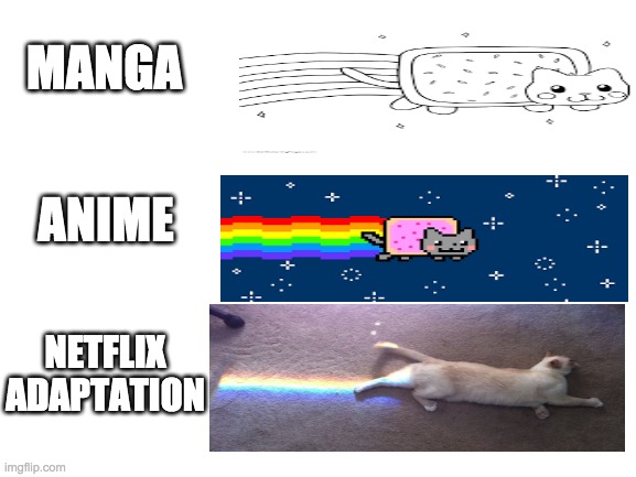 Manga, Anime, Netflix Adaptation | MANGA; ANIME; NETFLIX ADAPTATION | image tagged in blank white template | made w/ Imgflip meme maker