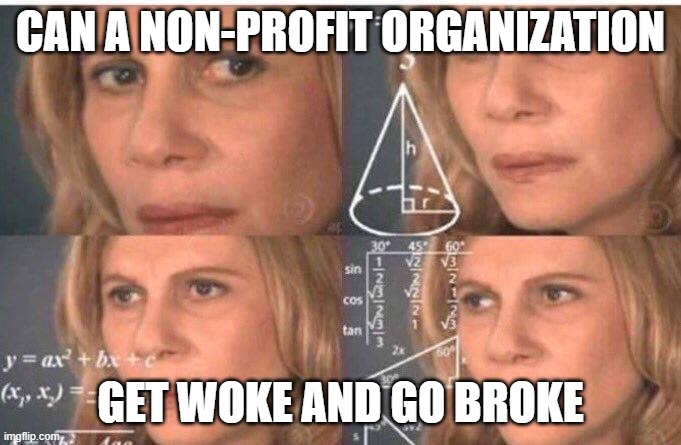 Math lady/Confused lady |  CAN A NON-PROFIT ORGANIZATION; GET WOKE AND GO BROKE | image tagged in math lady/confused lady | made w/ Imgflip meme maker