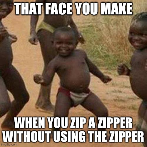 273 hours of my life wasted | THAT FACE YOU MAKE; WHEN YOU ZIP A ZIPPER WITHOUT USING THE ZIPPER | image tagged in memes,third world success kid,zipper | made w/ Imgflip meme maker