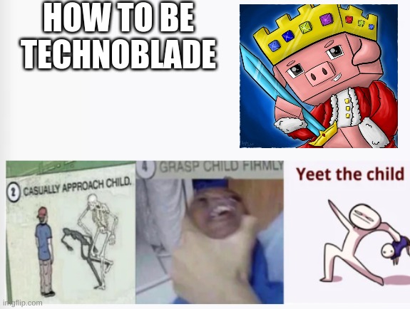 how to be technoblade | HOW TO BE TECHNOBLADE | image tagged in casually approach child grasp child firmly yeet the child | made w/ Imgflip meme maker