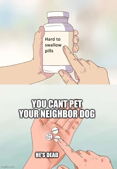 Hard To Swallow Pills | YOU CANT PET YOUR NEIGHBOR DOG; HE'S DEAD | image tagged in memes,hard to swallow pills | made w/ Imgflip meme maker