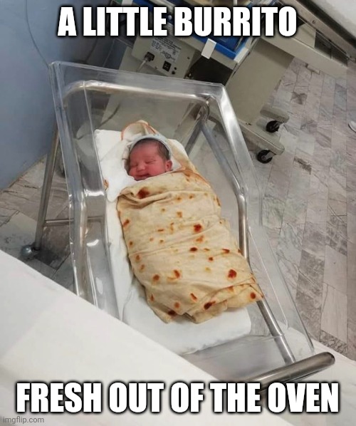UNLESS THAT'S A DIRTY BLANKET | A LITTLE BURRITO; FRESH OUT OF THE OVEN | image tagged in baby,burrito,newborn | made w/ Imgflip meme maker