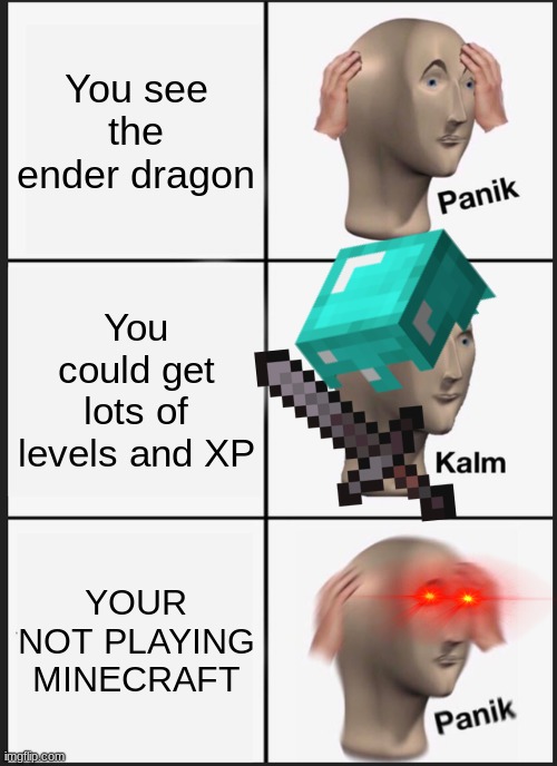 Panik Kalm Panik | You see the ender dragon; You could get lots of levels and XP; YOUR NOT PLAYING MINECRAFT | image tagged in memes,panik kalm panik | made w/ Imgflip meme maker