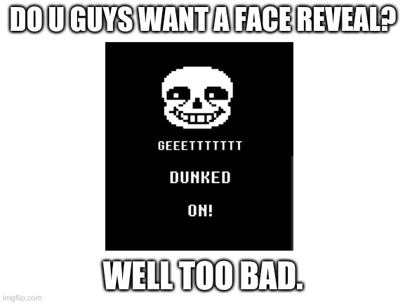Blank White Template | DO U GUYS WANT A FACE REVEAL? WELL TOO BAD. | image tagged in blank white template | made w/ Imgflip meme maker