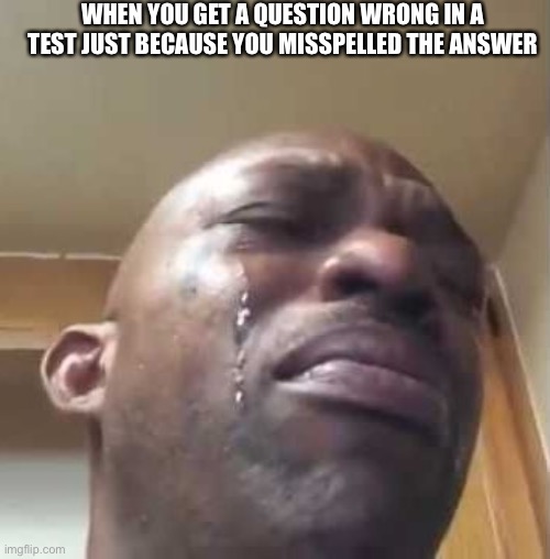 Crying Black Guy | WHEN YOU GET A QUESTION WRONG IN A TEST JUST BECAUSE YOU MISSPELLED THE ANSWER | image tagged in crying black guy | made w/ Imgflip meme maker