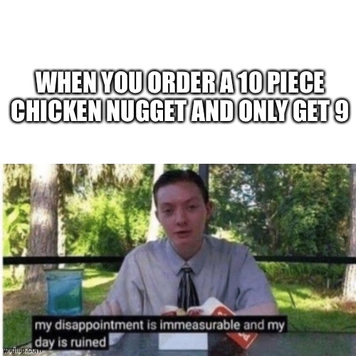 Where’s the extra nugget McDonald’s | WHEN YOU ORDER A 10 PIECE CHICKEN NUGGET AND ONLY GET 9 | image tagged in fun,funny,funny memes,chicken,chicken nuggets | made w/ Imgflip meme maker