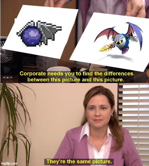 Devil Wings confirmed. | image tagged in memes,they're the same picture,kirby,meta knight,terraria,slime | made w/ Imgflip meme maker