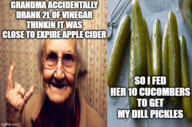 Tonight Im jarin Pickles | GRANDMA ACCIDENTALLY DRANK 2L OF VINEGAR THINKIN IT WAS CLOSE TO EXPIRE APPLE CIDER; SO I FED HER 10 CUCOMBERS TO GET MY DILL PICKLES | image tagged in grandma,pickles,funny meme | made w/ Imgflip meme maker