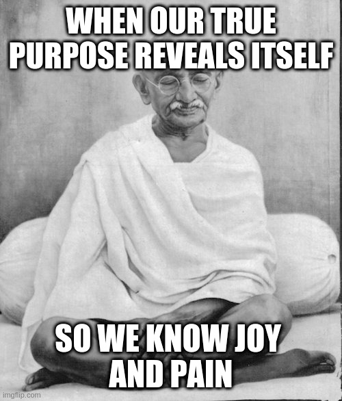 Gandhi meditation | WHEN OUR TRUE PURPOSE REVEALS ITSELF; SO WE KNOW JOY 
AND PAIN | image tagged in gandhi meditation | made w/ Imgflip meme maker