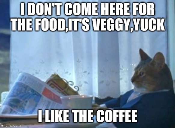 I Should Buy A Boat Cat Meme | I DON'T COME HERE FOR THE FOOD,IT'S VEGGY,YUCK; I LIKE THE COFFEE | image tagged in memes,i should buy a boat cat | made w/ Imgflip meme maker