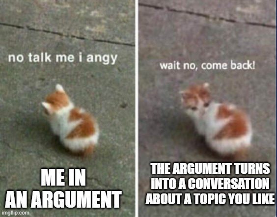 No talk me I angy, wait no, come back! | ME IN AN ARGUMENT; THE ARGUMENT TURNS INTO A CONVERSATION ABOUT A TOPIC YOU LIKE | image tagged in no talk me i angy wait no come back | made w/ Imgflip meme maker