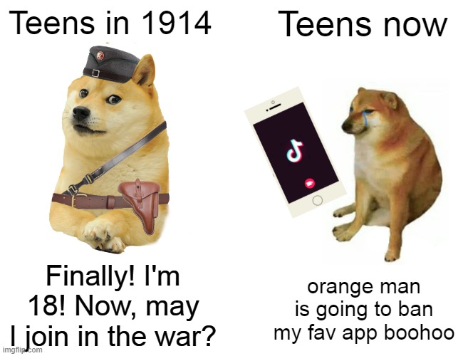 Teens in 1914; Teens now; Finally! I'm 18! Now, may I join in the war? orange man is going to ban my fav app boohoo | made w/ Imgflip meme maker