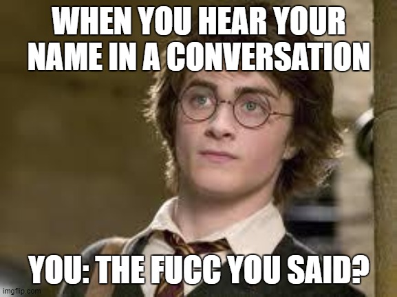 Harry Potter | WHEN YOU HEAR YOUR NAME IN A CONVERSATION; YOU: THE FUCC YOU SAID? | image tagged in harry potter | made w/ Imgflip meme maker