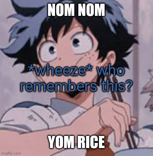 Lmao I used to post this ALOT | NOM NOM; *wheeze* who remembers this? YOM RICE | image tagged in deku eating rice | made w/ Imgflip meme maker