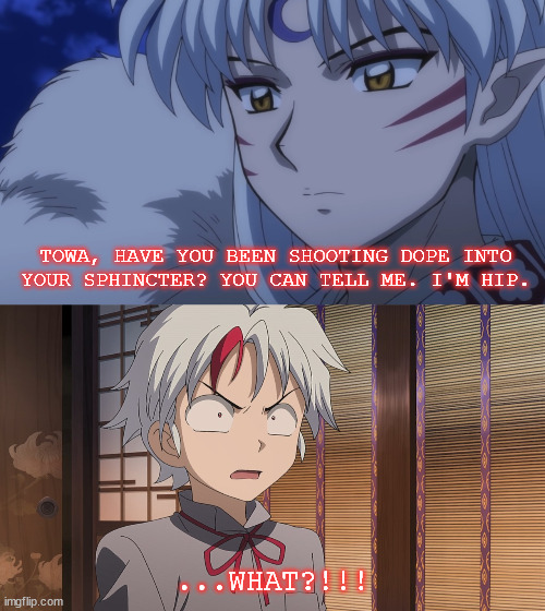 Sesshomaru trying to be hip | TOWA, HAVE YOU BEEN SHOOTING DOPE INTO YOUR SPHINCTER? YOU CAN TELL ME. I'M HIP. ...WHAT?!!! | image tagged in towa shocked,yashahime,inuyasha,venture bros,parody,reference | made w/ Imgflip meme maker