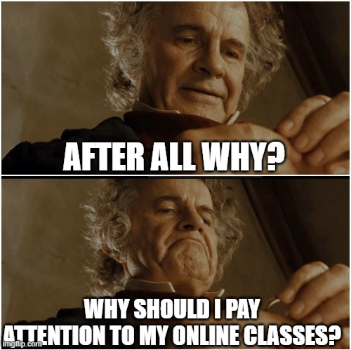 Bilbo - Why shouldn’t I keep it? | AFTER ALL WHY? WHY SHOULD I PAY ATTENTION TO MY ONLINE CLASSES? | image tagged in bilbo - why shouldn t i keep it | made w/ Imgflip meme maker