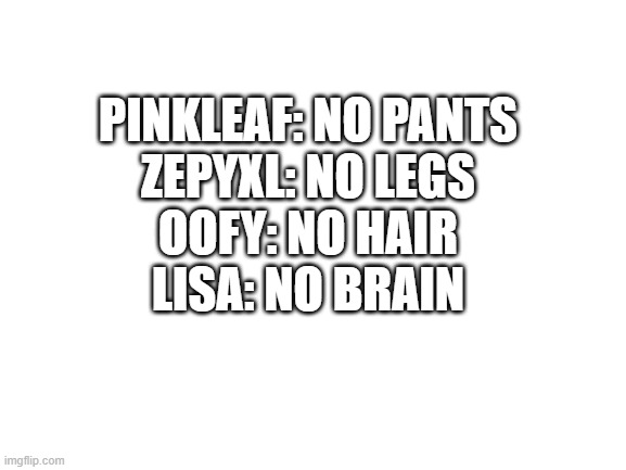 True | PINKLEAF: NO PANTS
ZEPYXL: NO LEGS
OOFY: NO HAIR
LISA: NO BRAIN | image tagged in blank white template | made w/ Imgflip meme maker