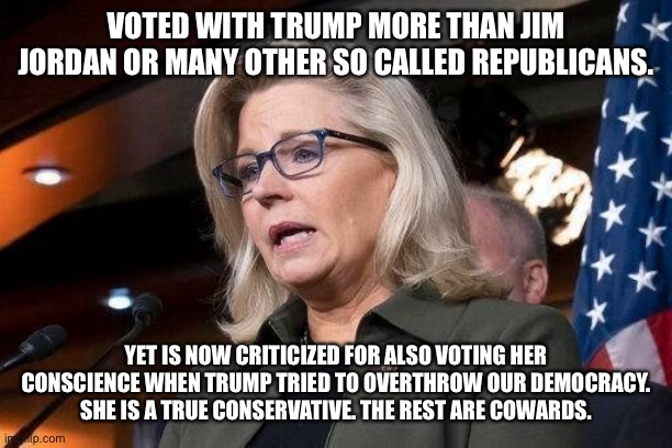 Liz Cheney | VOTED WITH TRUMP MORE THAN JIM JORDAN OR MANY OTHER SO CALLED REPUBLICANS. YET IS NOW CRITICIZED FOR ALSO VOTING HER CONSCIENCE WHEN TRUMP TRIED TO OVERTHROW OUR DEMOCRACY. SHE IS A TRUE CONSERVATIVE. THE REST ARE COWARDS. | image tagged in liz cheney | made w/ Imgflip meme maker