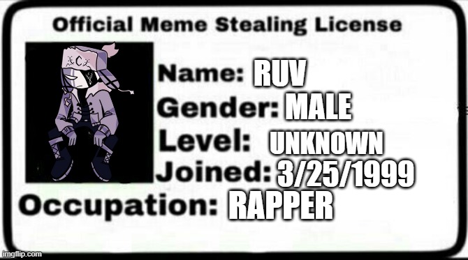 meme stealing licence for ruv | RUV; MALE; UNKNOWN; 3/25/1999; RAPPER | image tagged in meme stealing license | made w/ Imgflip meme maker