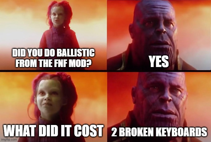 thanos what did it cost | DID YOU DO BALLISTIC FROM THE FNF MOD? YES; WHAT DID IT COST; 2 BROKEN KEYBOARDS | image tagged in thanos what did it cost | made w/ Imgflip meme maker