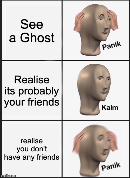 Scary | See a Ghost; Realise its probably your friends; realise you don't have any friends | image tagged in memes,panik kalm panik | made w/ Imgflip meme maker