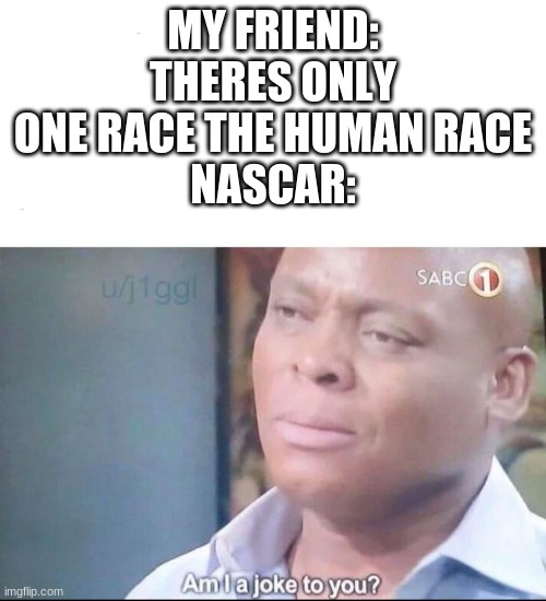 am I a joke to you | MY FRIEND: THERES ONLY ONE RACE THE HUMAN RACE
NASCAR: | image tagged in am i a joke to you | made w/ Imgflip meme maker