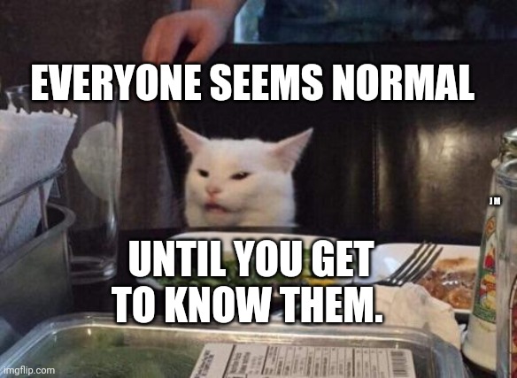 Salad cat | EVERYONE SEEMS NORMAL; J M; UNTIL YOU GET TO KNOW THEM. | image tagged in salad cat | made w/ Imgflip meme maker