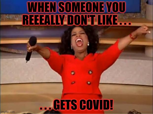 We all know it's true. | WHEN SOMEONE YOU REEEALLY DON'T LIKE . . . . . . GETS COVID! | image tagged in memes,oprah you get a,covid,karma,funny | made w/ Imgflip meme maker