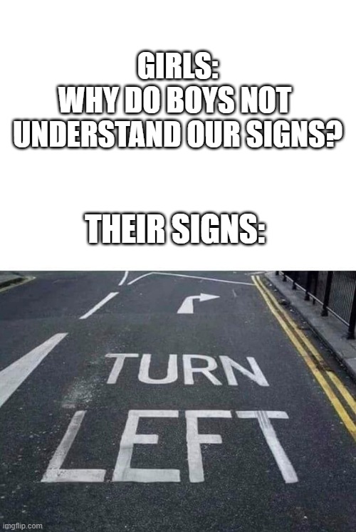 Day one | GIRLS:
WHY DO BOYS NOT 
UNDERSTAND OUR SIGNS? THEIR SIGNS: | image tagged in blank white template,dont care,tru tho,yes,meme,losers | made w/ Imgflip meme maker