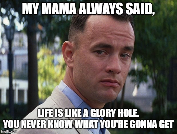life is like | MY MAMA ALWAYS SAID, LIFE IS LIKE A GLORY HOLE. YOU NEVER KNOW WHAT YOU'RE GONNA GET | image tagged in life is like a box of chocolates,tom hanks,forest gump,glory,hole,sad | made w/ Imgflip meme maker